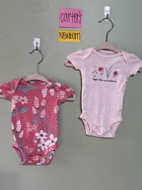 NWOT Carter's Pink Floral & Light Pink Striped Newborn One-Piece Set (2-Pack)